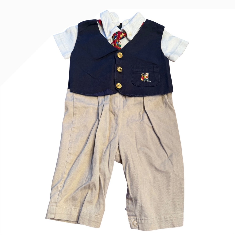 Vintage 90s Baby Boy Romper Navy Vest Khaki Pants Golf Bear‎ Embroidery 6-9M
